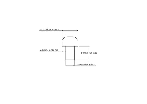 technical drawing of 6 x 9 mm birch wood mushroom axle peg