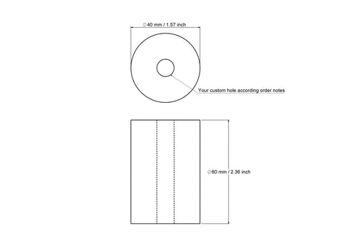 Technische Zeichnung eines 40 x 60 mm Holzzylinders mit Bohrung