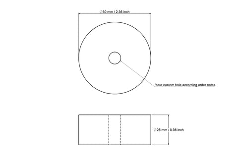 technical drawing of 60 × 25 mm wooden cylinder