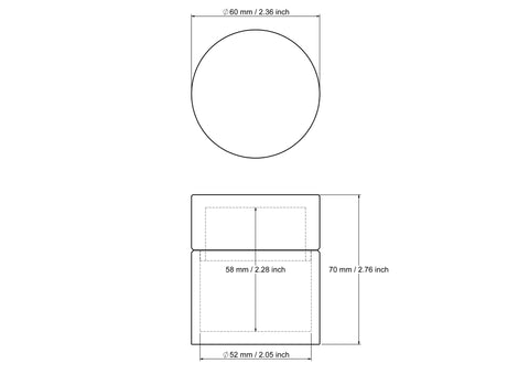 Rysunek techniczny okrągłego drewnianego pudełeczka na tabletki 60 x 70 mm