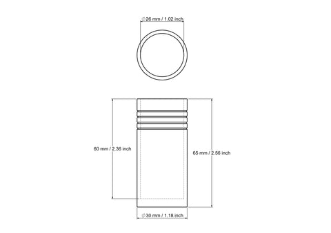 technical drawing of 30 x 65 mm turned wooden cylindrical container