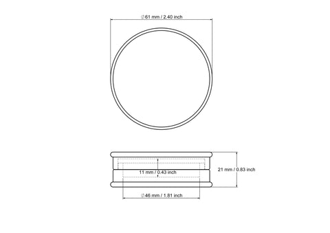 Rysunek techniczny okrągłego drewnianego pudełeczka na drobiazgi 61 x 21 mm