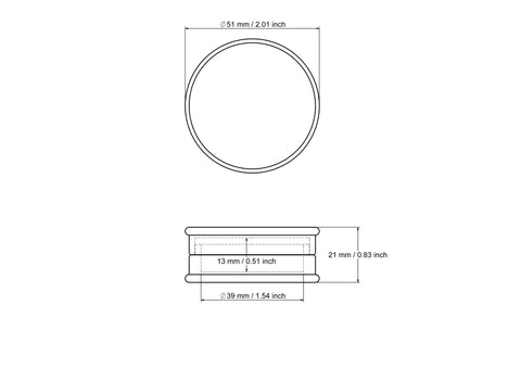 Rysunek techniczny okrągłego drewnianego pudełeczka na tabletki 51 x 21 mm