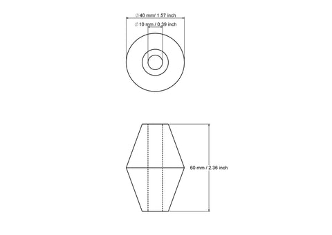 technical drawing of 40 x 60 mm double cone turned wooden bead