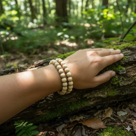 person wearing bracelet -st  12 mm white tammepuit pärlid