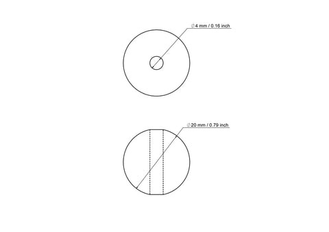 Rysunek techniczny drewnianego koralika brzozowego 20 mm z otworem 4 mm