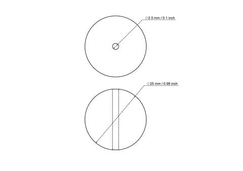 Technische Zeichnung einer 25 mm Perle aus Birkenholz mit 2.5 mm Bohrung