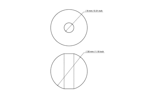 Rysunek techniczny drewnianego koralika brzozowego 30 mm z otworem 8 mm