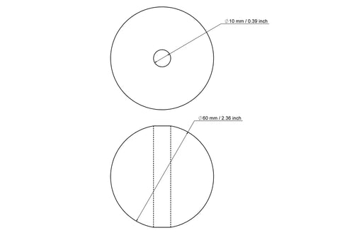 Technical drawing of 60 mm birch wood bead with 10 mm hole