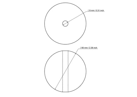 Technical drawing of 60 mm birch wood bead with 8 mm hole