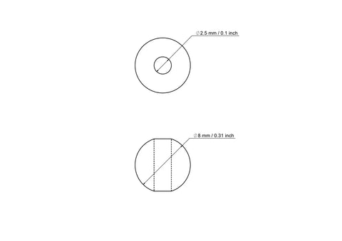 Technische Zeichnung einer 8 mm Perle aus Birkenholz mit 2.5 mm Bohrung
