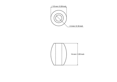 Technische Zeichnung einer 10 x 14 mm tonnenförmigen Holzperle mit 4 mm Bohrung