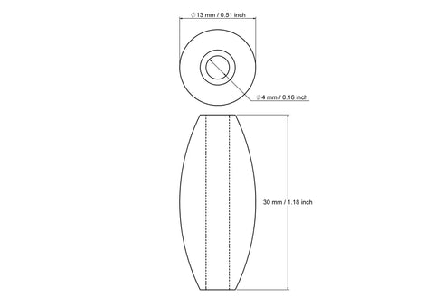 Tehniline joonis: 13 x 30 mm puidust tünnikujuline pärl 4 mm avaga