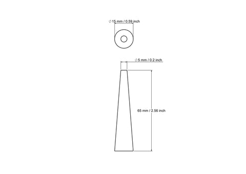 tehniskais rasējums: 15 x 65 mm virpota koka konusi