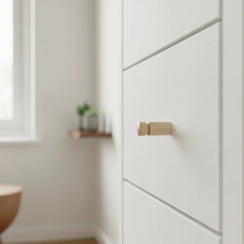 33 mm long turned wooden peg knob installed on cabinet door