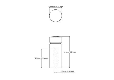Technical drawing of 33 mm long turned wooden peg cabinet knob