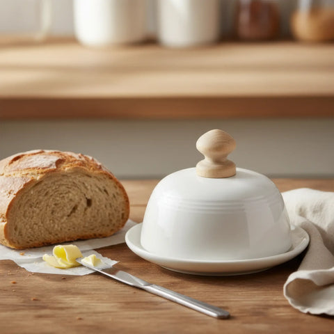 Keramik-Butterdose mit klassischem 33 mm Möbelknauf aus Holz als Griff