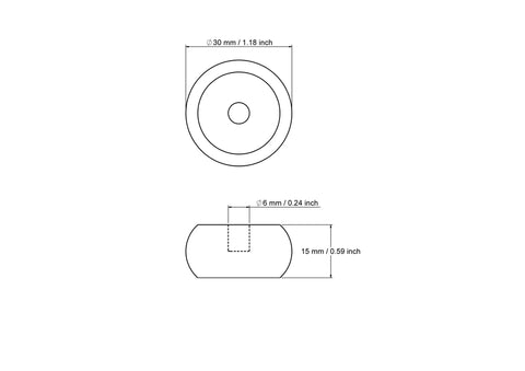 Technical drawing of 30 mm rounded wooden toy wheel