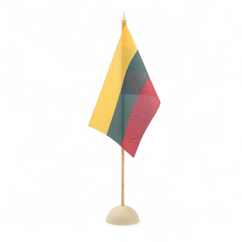 Drewniany stojak na flagę stołową 33 cm z kulistą podstawą trzymający flagę