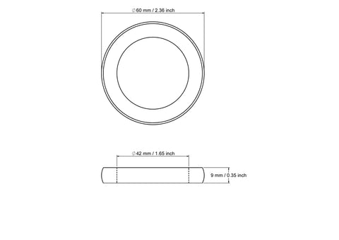 Technical drawing of 60 mm outside rounded flat wooden ring